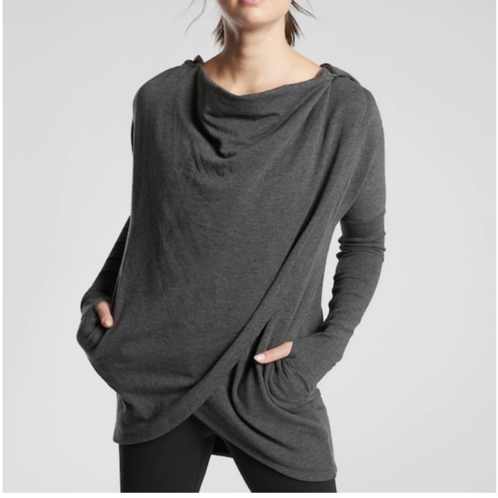 Athleta Purana Gray Cowl Neck Sweater with Asymmetrical Design Small EUC